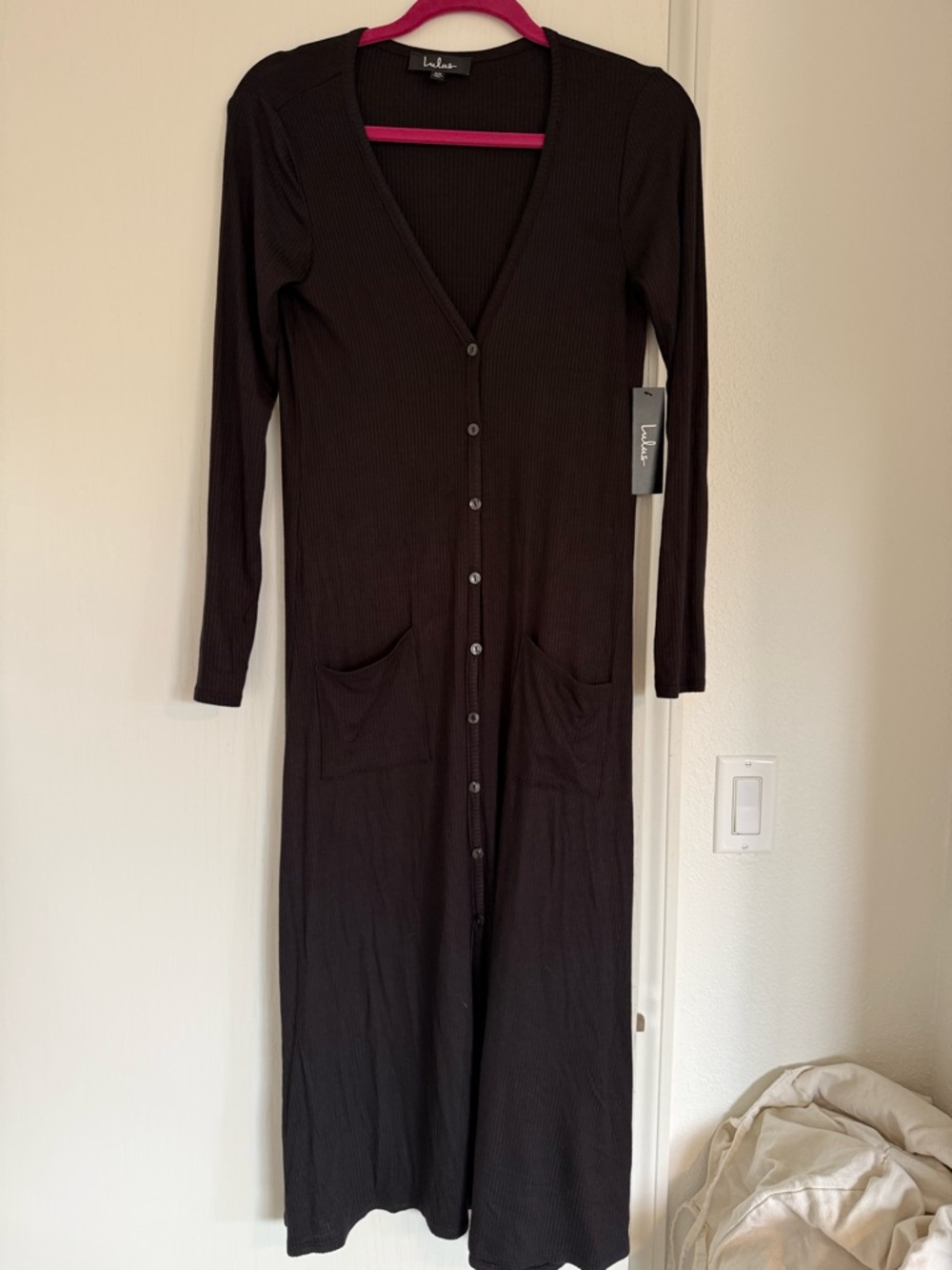 Lulu's Black Ribbed Long-Sleeve Button-Front Maxi Cardigan Dress